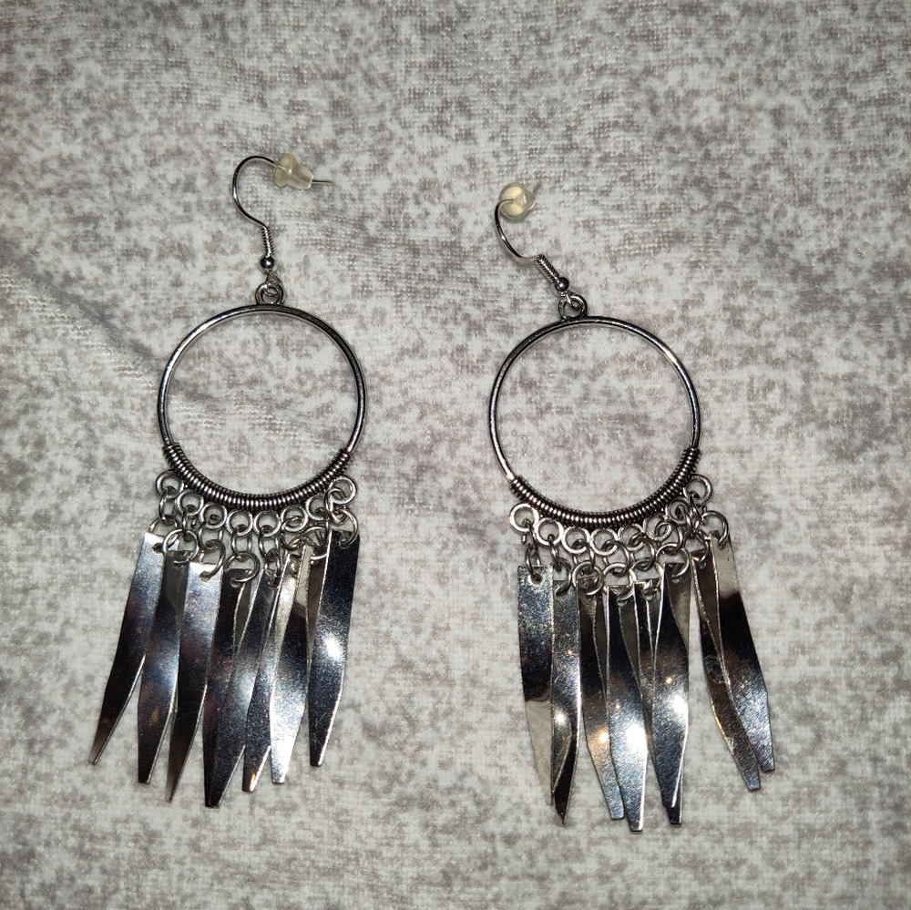 Paparazzi Silver Fringe Hoop Earrings – Statement Dangle Earrings – Lightweight - Picture 2 of 4